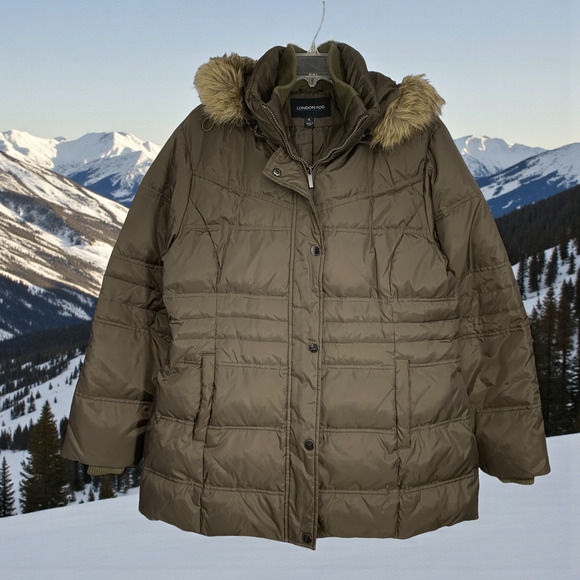 London Fog Women's Sz XL Down Fur Trim Zip Off Hood Quilted Puffer Jacket Parka - Picture 2 of 7